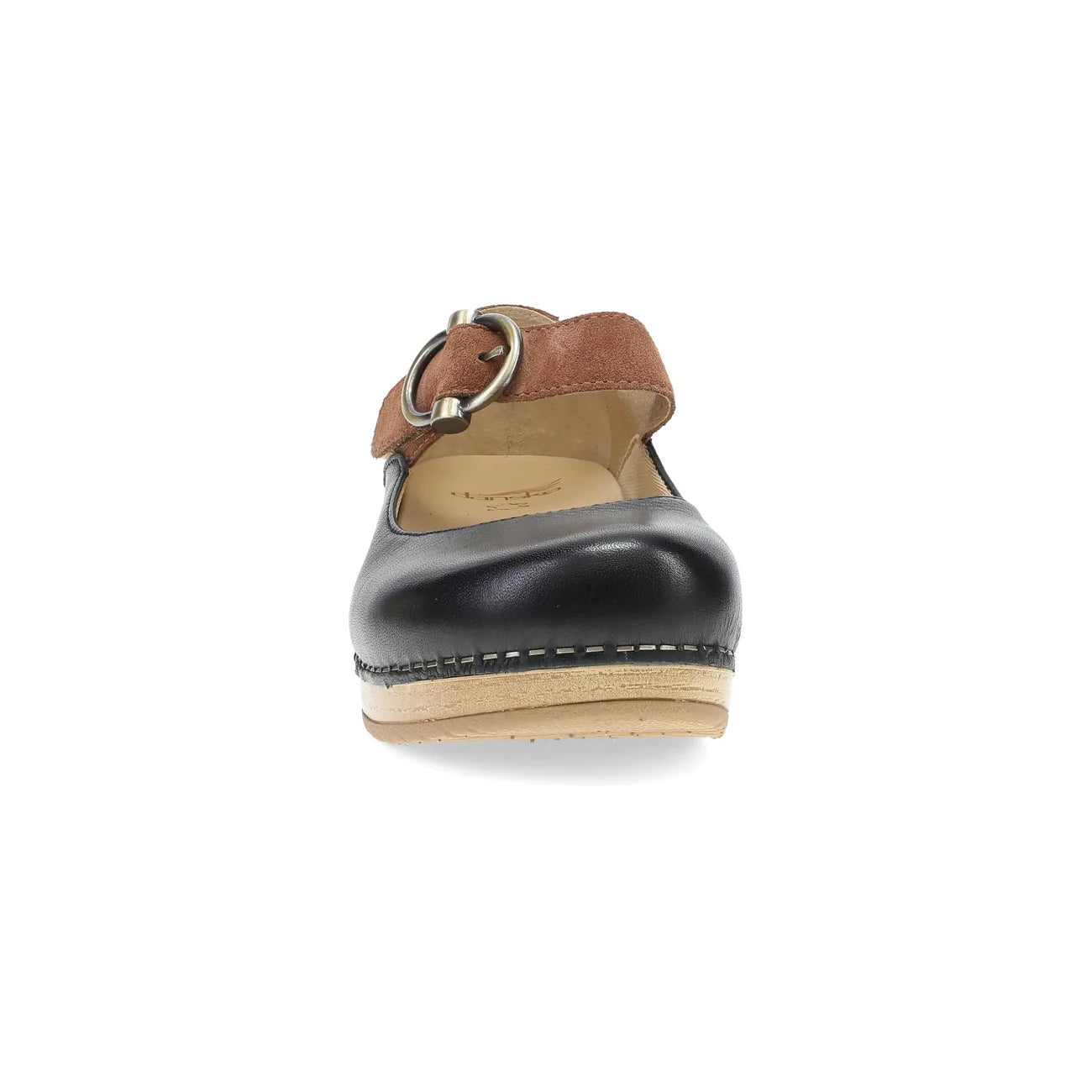 Black sandal with a brown strap on a white background