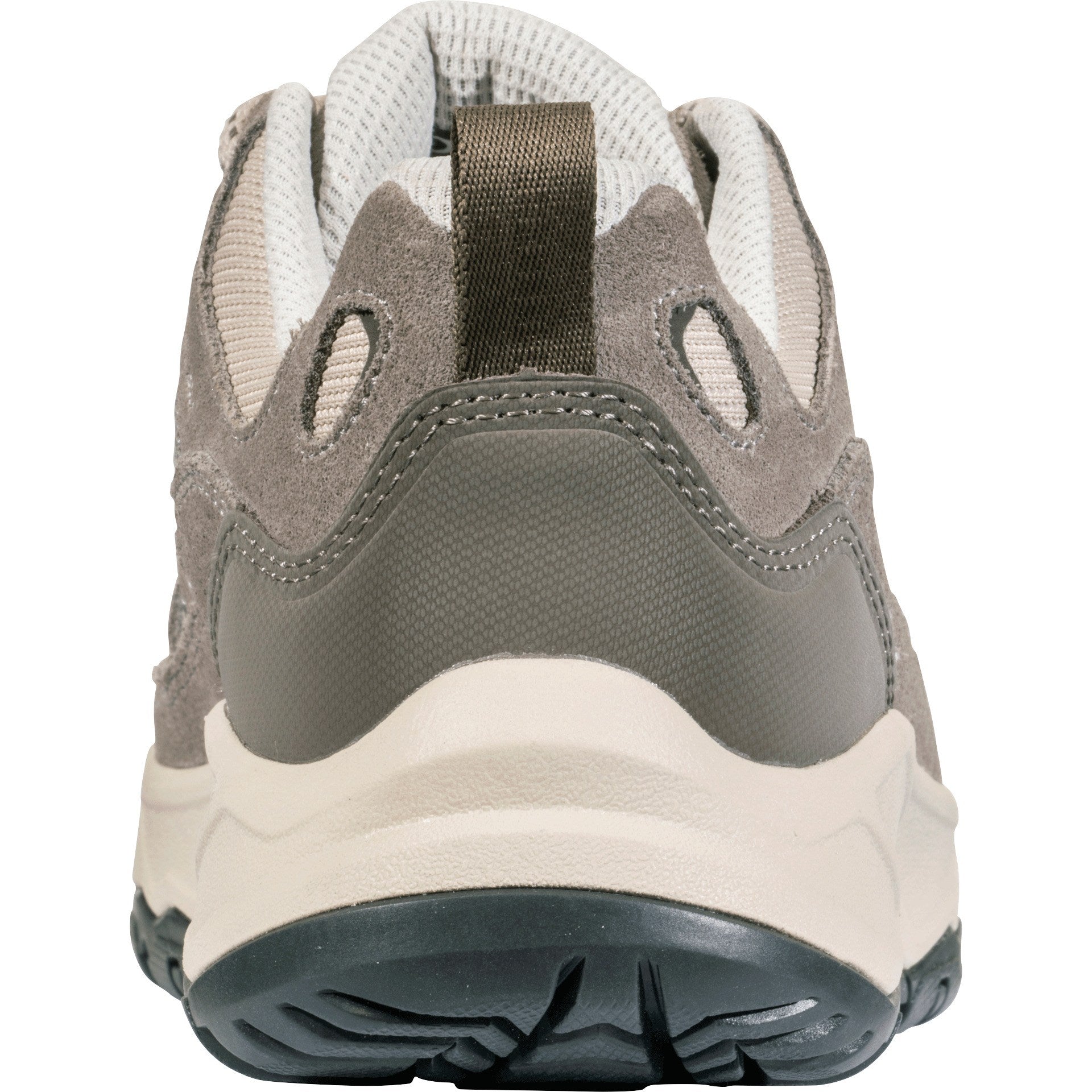 Close-up of a gray and beige hiking shoe on a white background