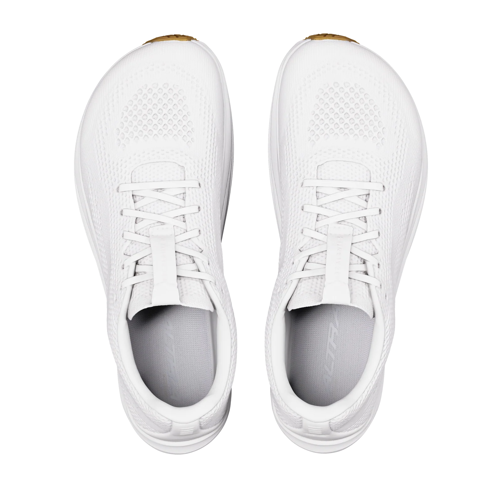 A pair of white athletic sneakers shown from a top-down view on a solid white background.