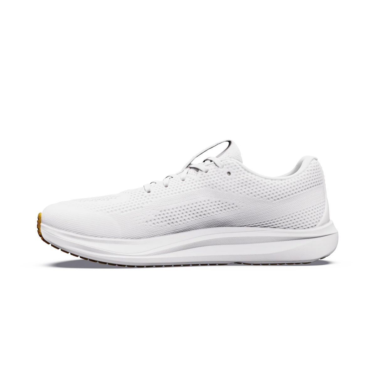 A single off-white mesh athletic sneaker shown in a side profile view against a plain white background.