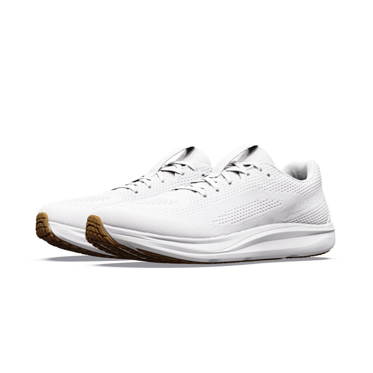 A pair of white athletic sneakers with brown gum outsoles, shown from a side profile view on a clean white background.