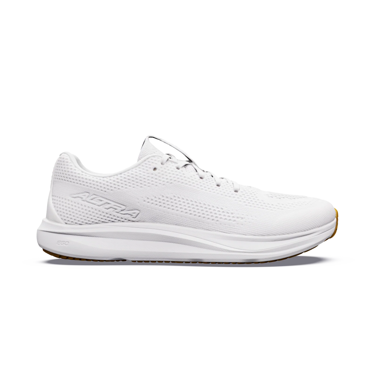 White sneaker with black swoosh logo on a white background