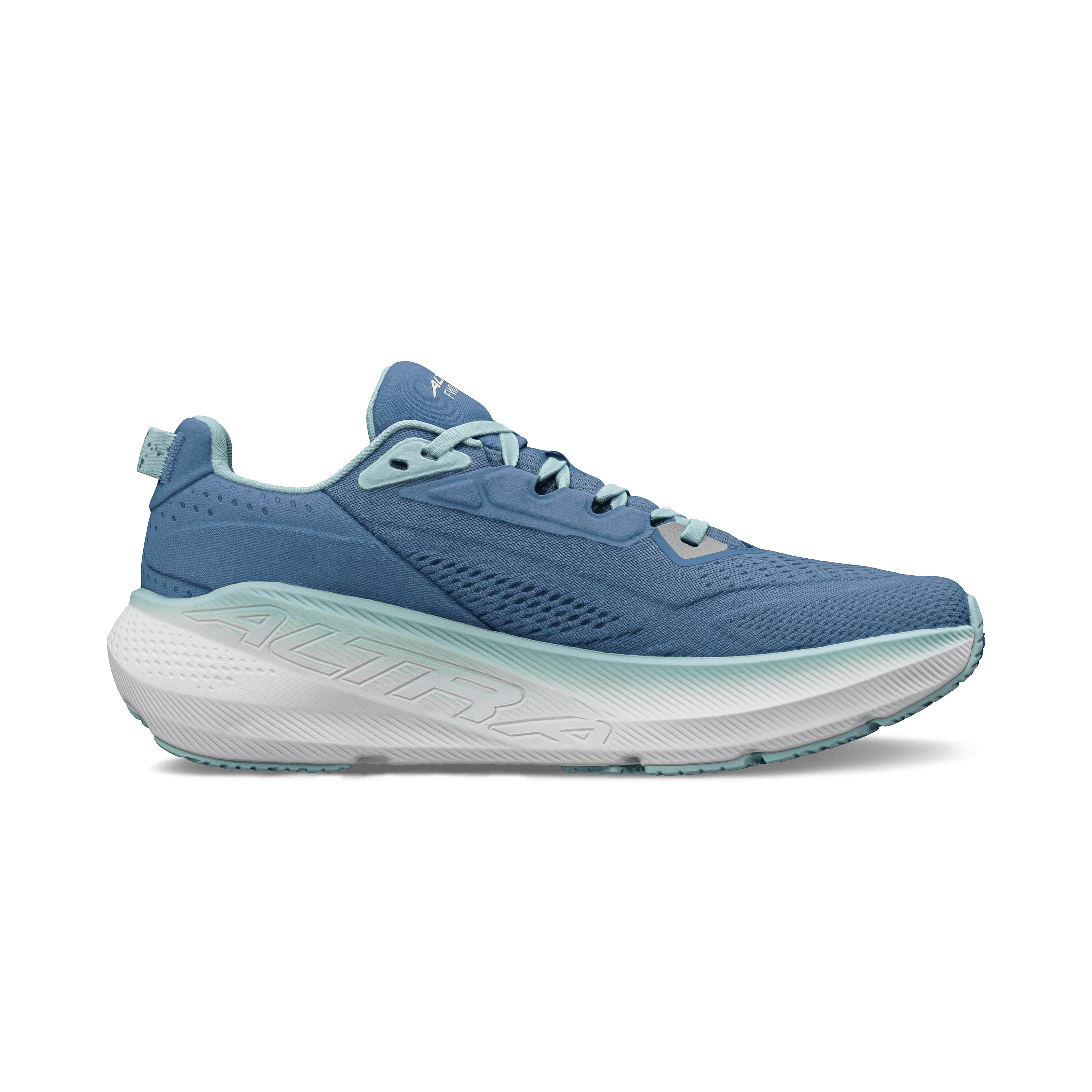 Blue running shoe with a white sole on a transparent background