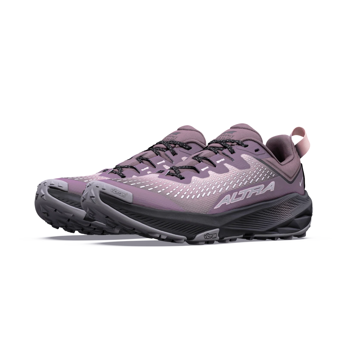 A pair of Altra trail running shoes in a dusty purple and gray colorway, featuring black laces and a rugged sole, shown against a plain white background.