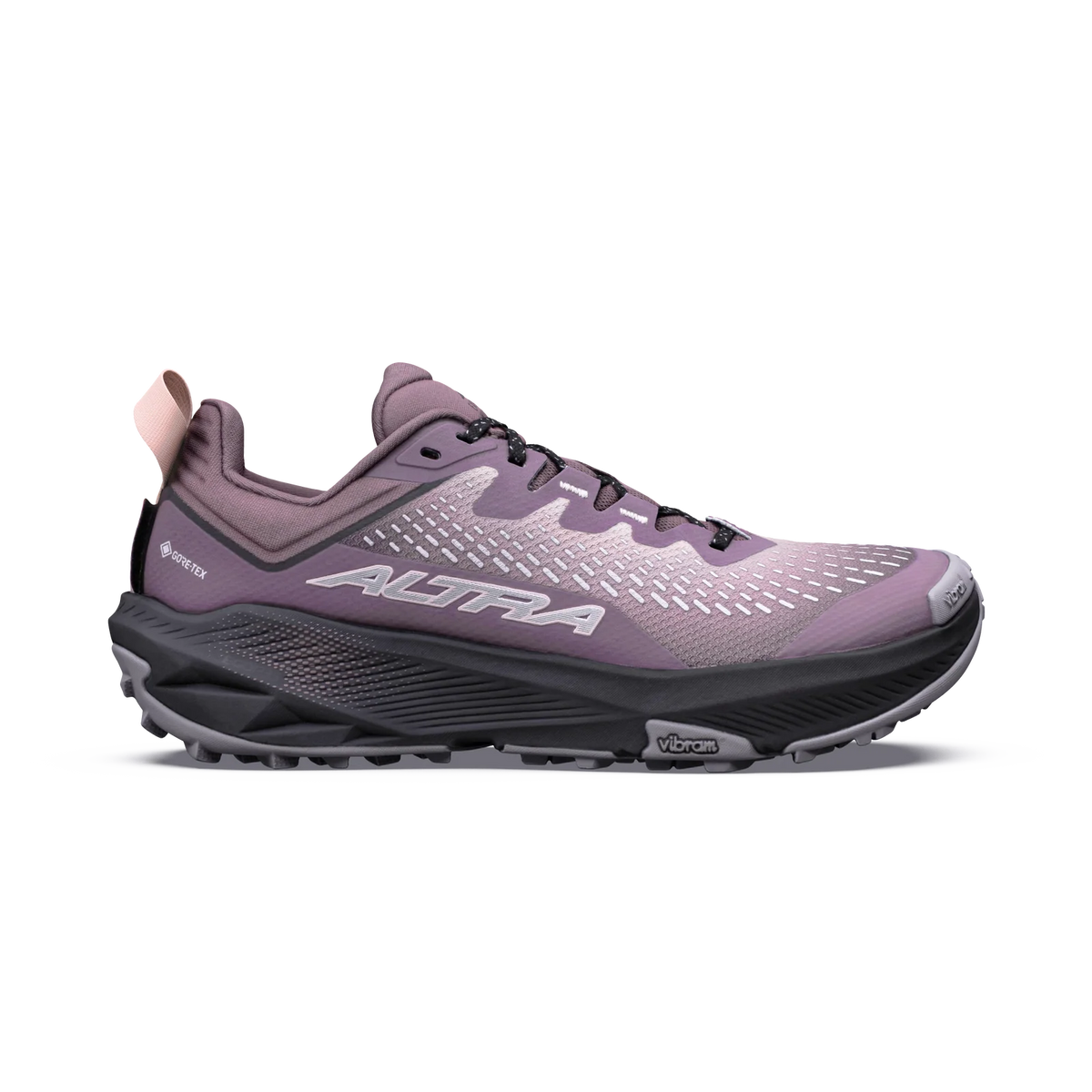 A single Altra trail running shoe in a dusty lavender-purple colorway, featuring a breathable mesh upper, a thick black and gray Vibram sole, and the Altra logo on the side, set against a plain white background.