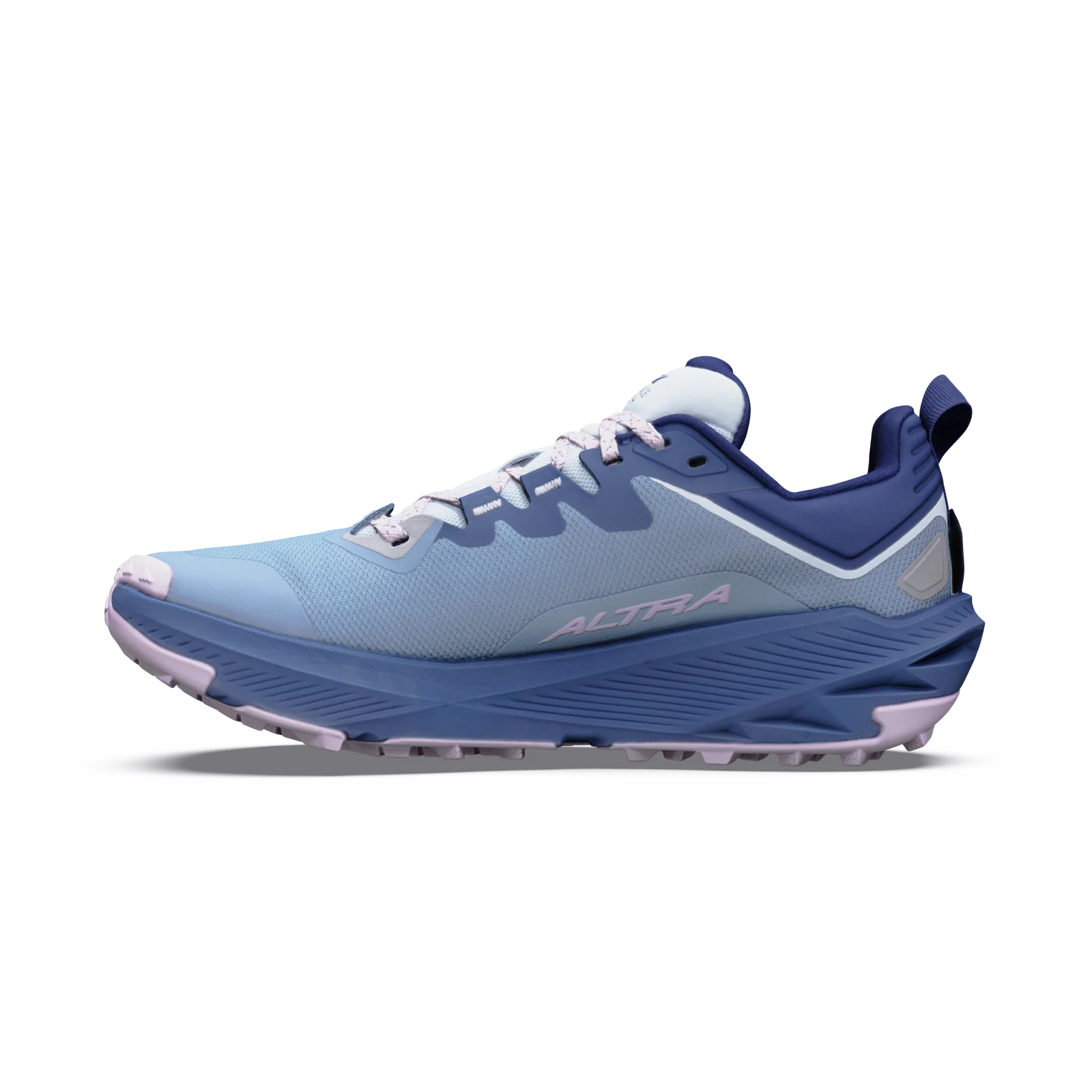 A light blue and navy trail running shoe with white laces and a light purple outsole, shown from the side on a white background.