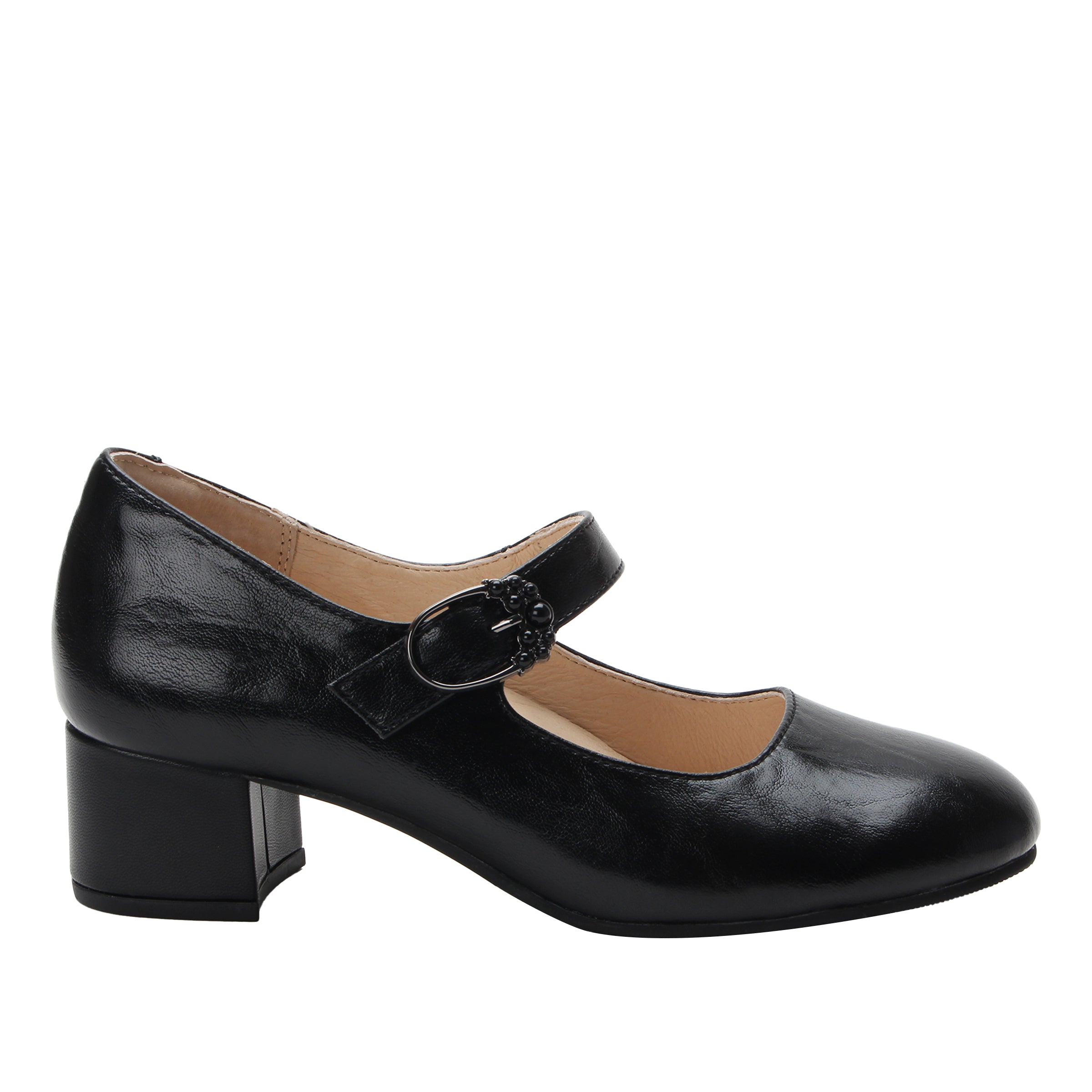 Black leather shoe with a buckle on a white background