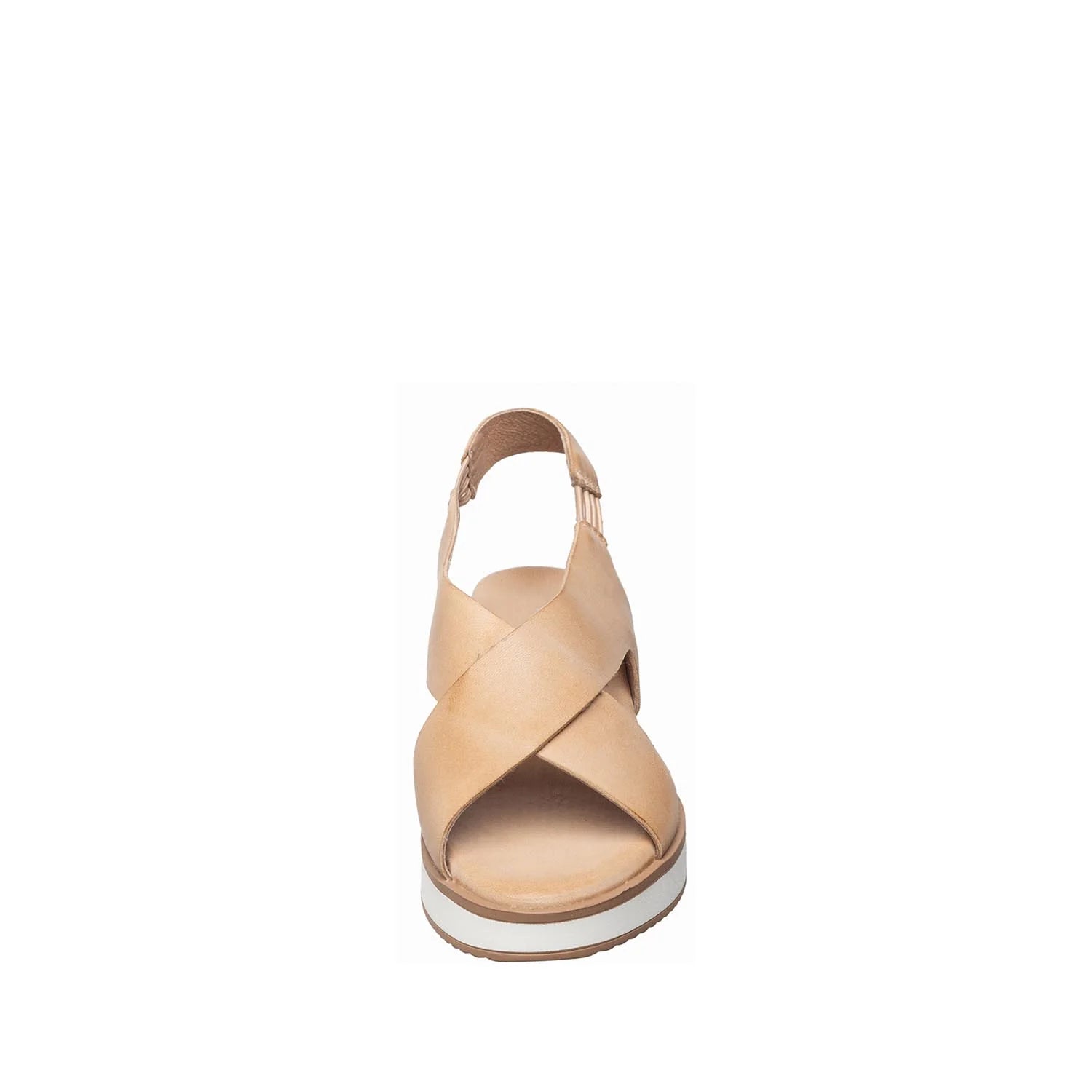 Beige sandal with criss-cross strap design on a white background