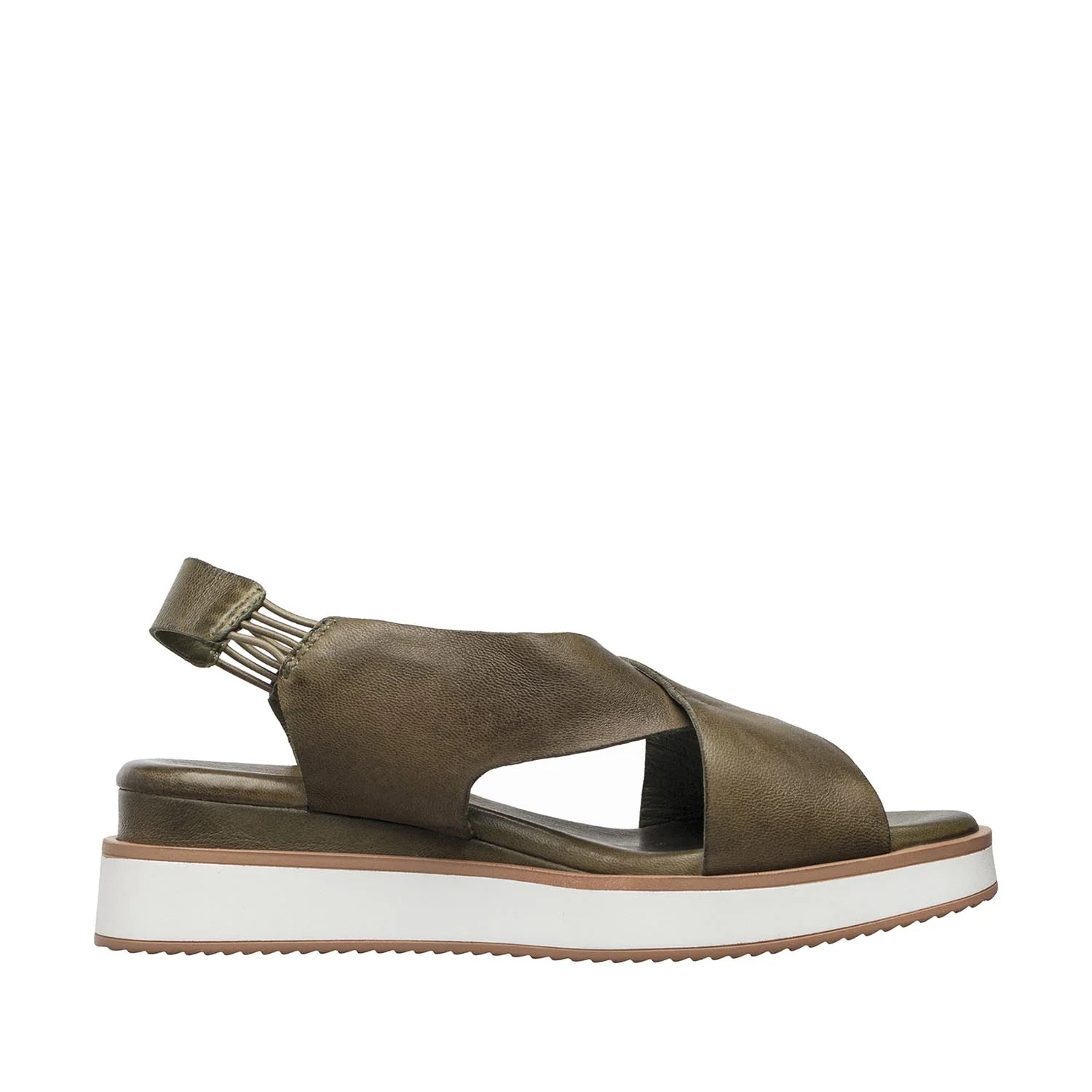 Brown sandal with white sole on a white background