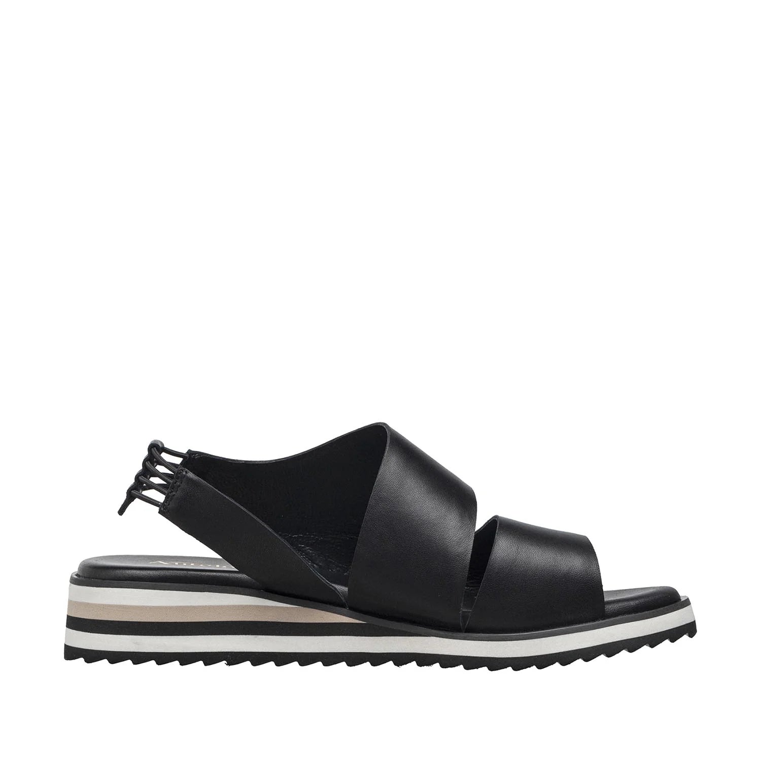 Black sandal with a white sole on a white background