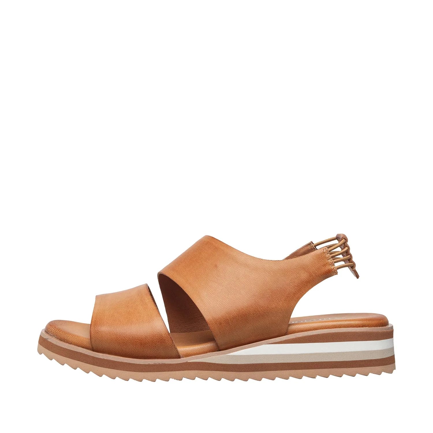 Tan sandal with a white sole on a white background