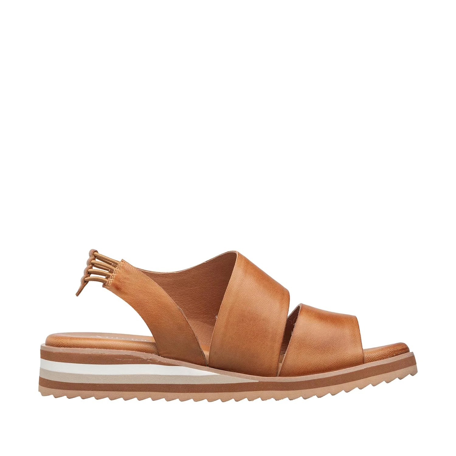 Brown sandal with a white sole on a white background