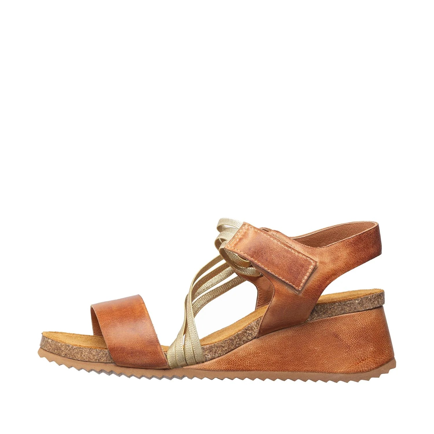 Brown sandal with a wedge sole on a white background