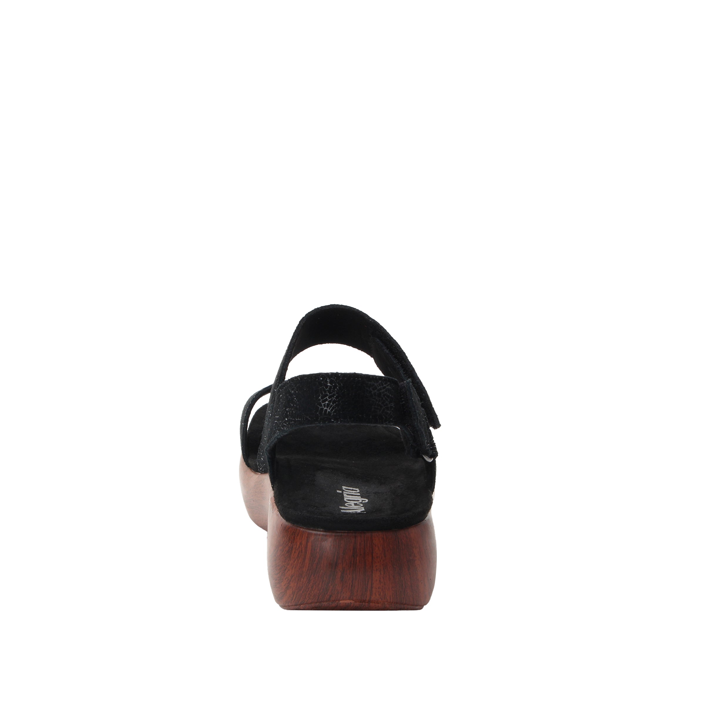 Black sandal with wooden sole on a white background