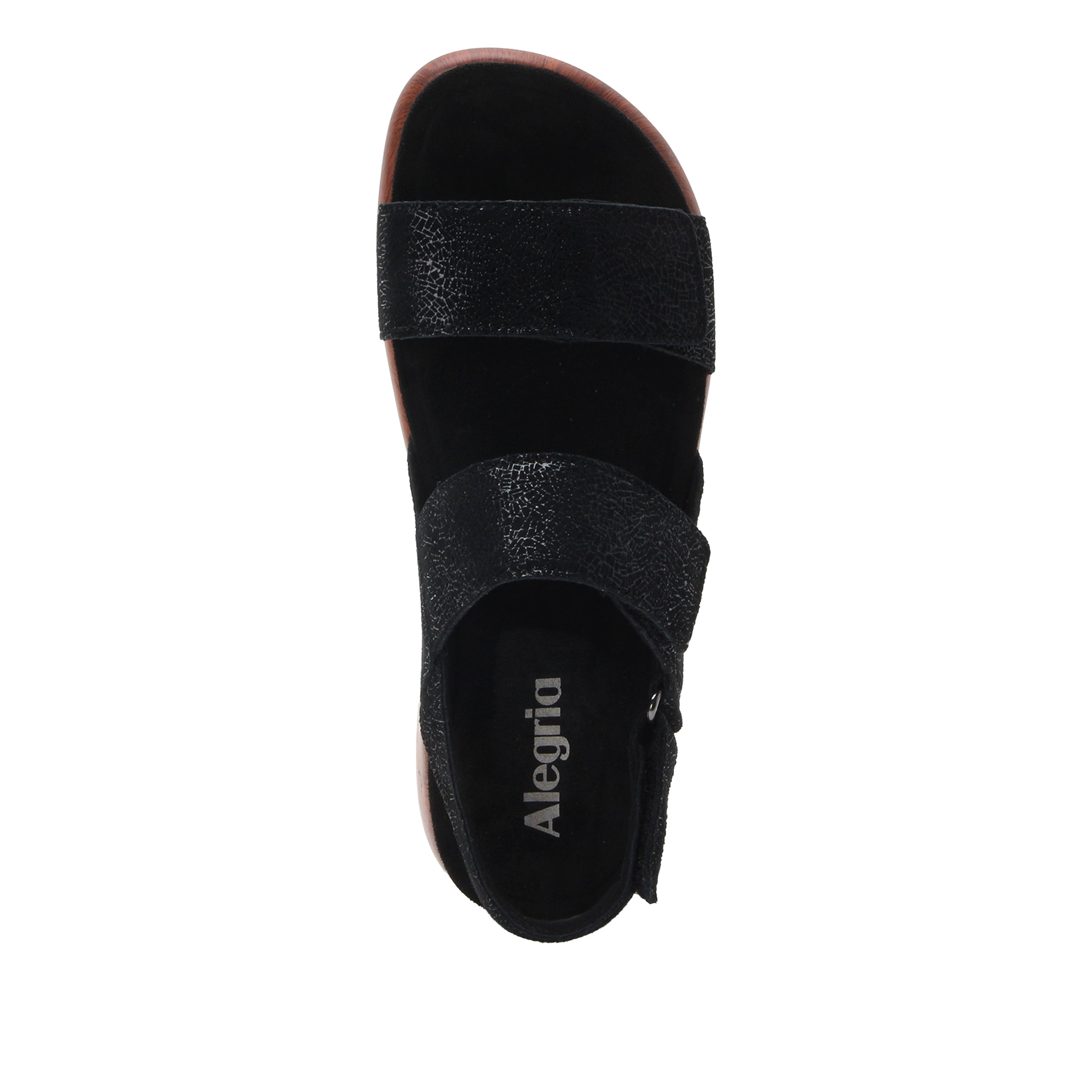 Black sandal with 'Alegria' branding on a white background