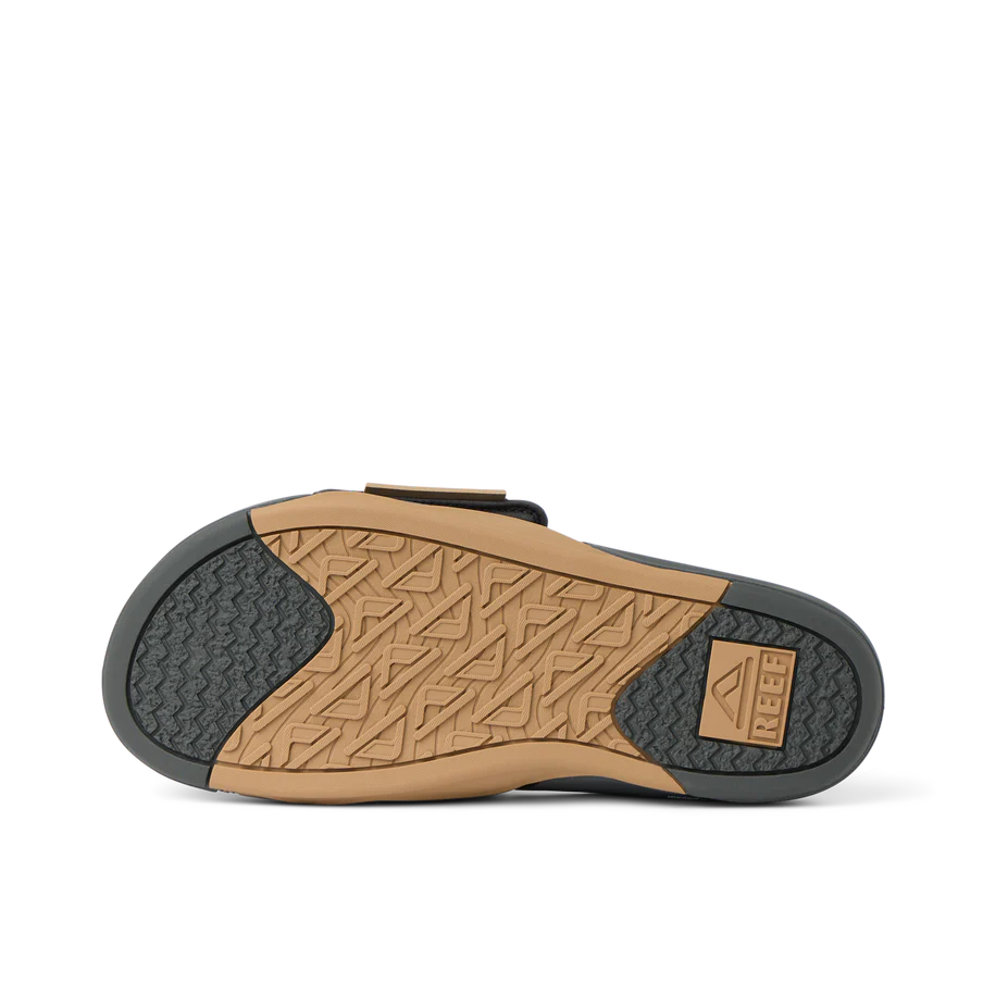 Close-up of a sandal sole with brand logo on a white background