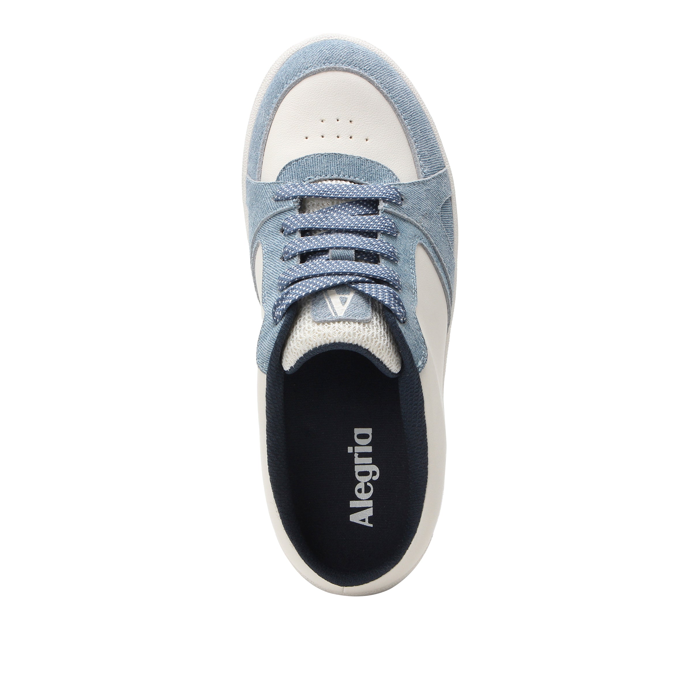 Blue and white sneaker with 'Alegria' branding on a white background