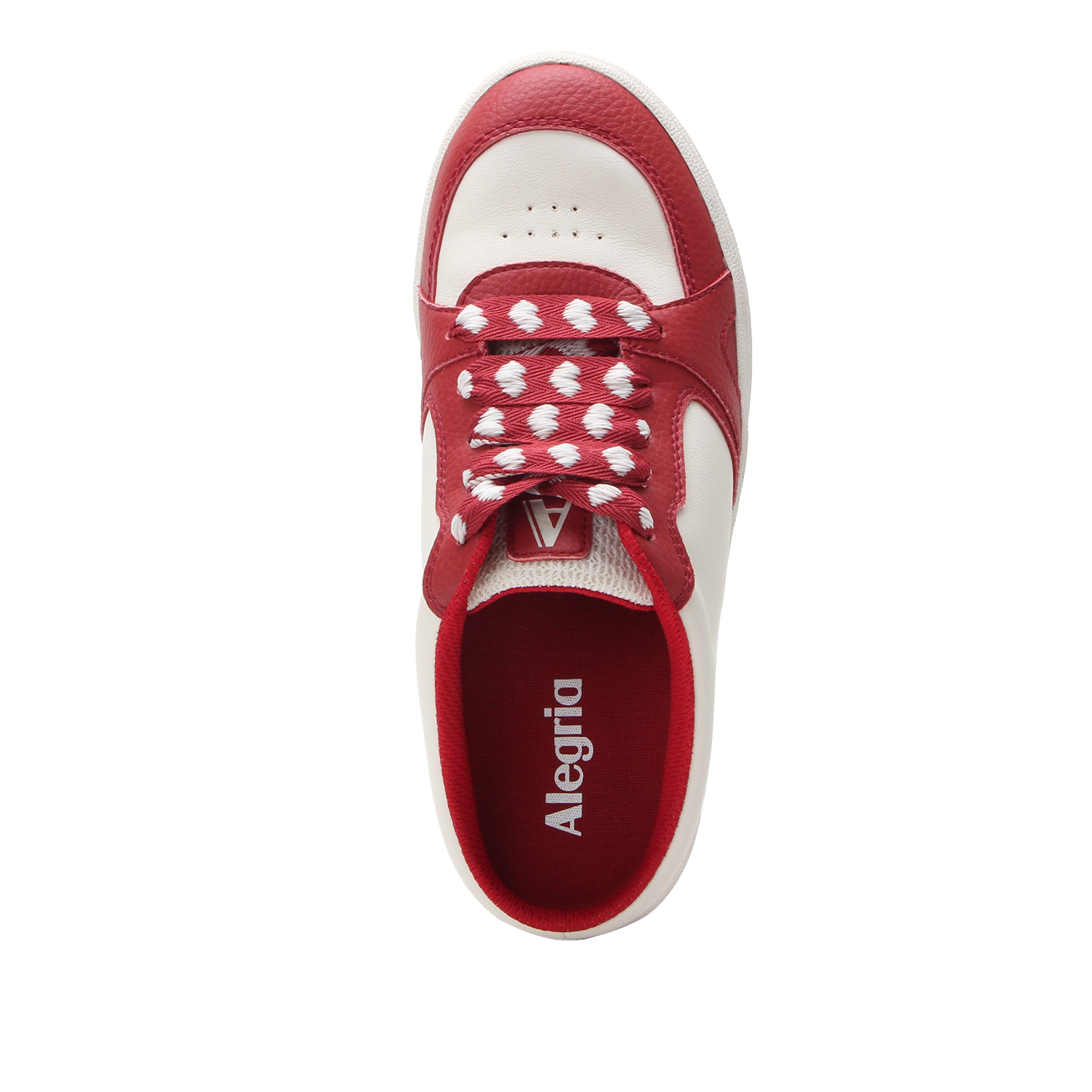 Red and white sneaker with 'Alegria' branding on a white background