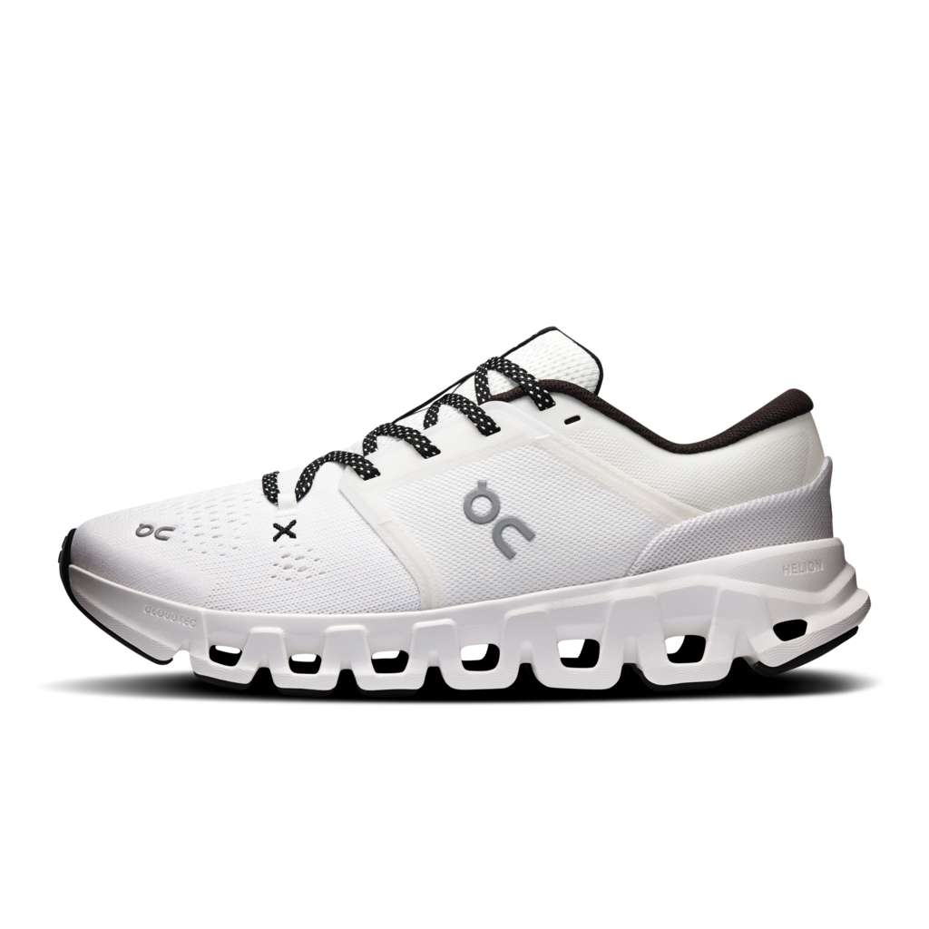 White running shoe with a visible brand logo on a white background