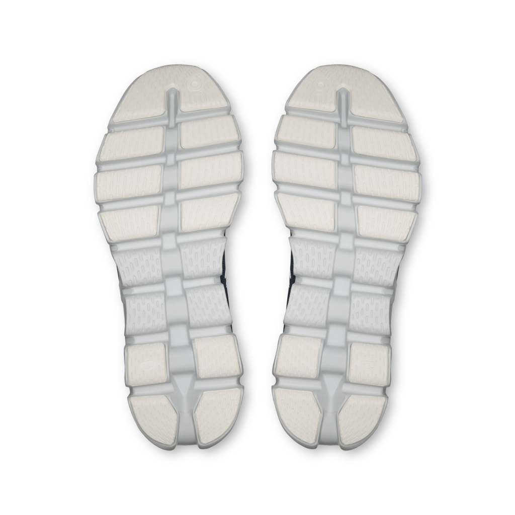The outsoles of a pair of sneakers, shown from a top-down view on a plain white background.