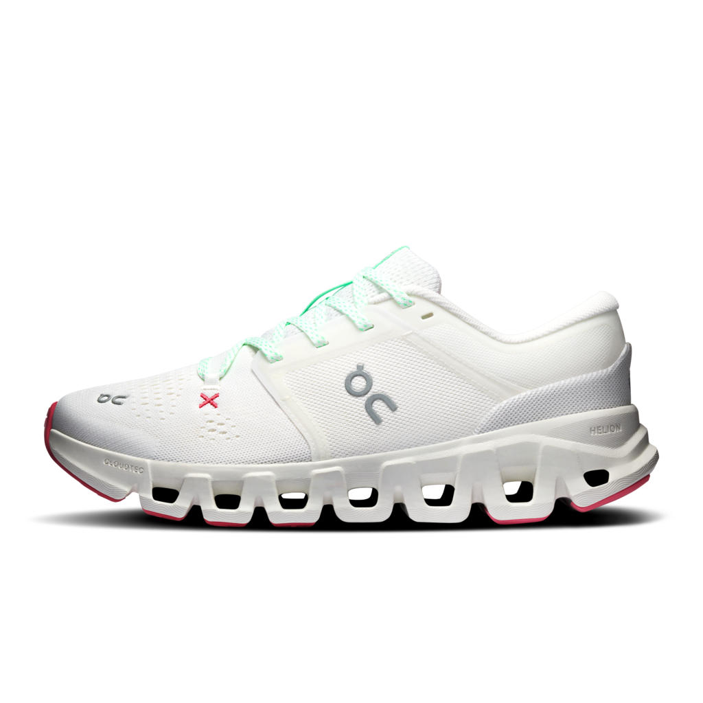 White and beige running shoe with unique sole design on a white background