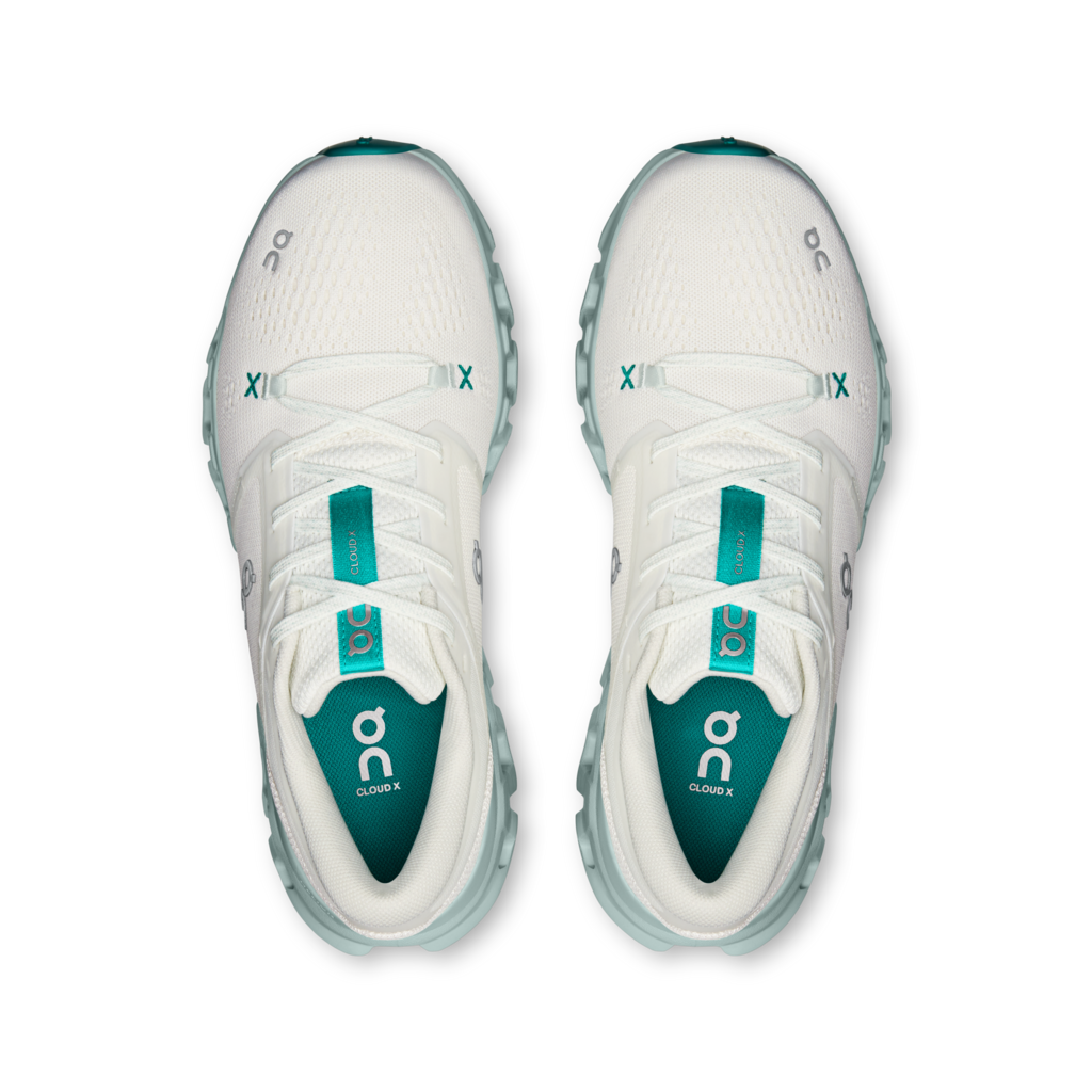 A pair of white On running shoes shown from a top-down view, featuring teal accents on the tongue, heel counter, and inner lining, with the On logo visible.