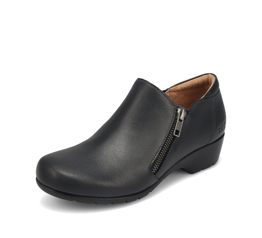 Black leather shoe with a zipper on a white background