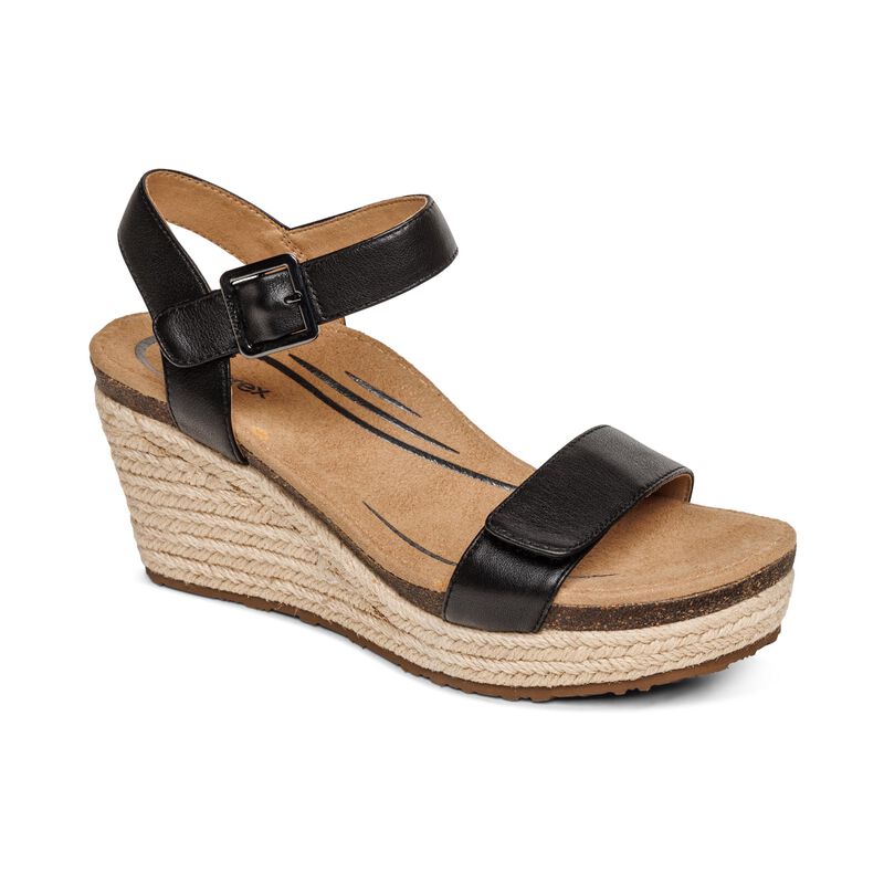 Women's Aetrex Sydney Quarter Strap Espadrille Wedge Color: Black 1