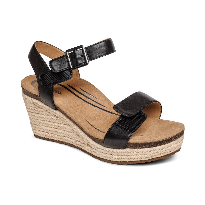Women's Aetrex Sydney Quarter Strap Espadrille Wedge Color: Black 3
