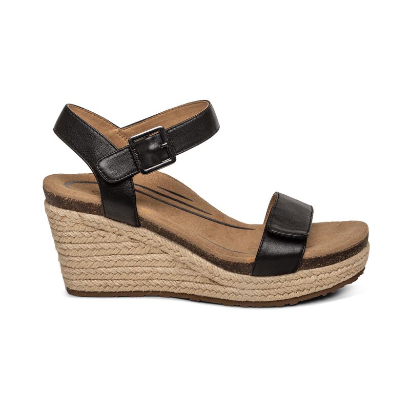 Women's Aetrex Sydney Quarter Strap Espadrille Wedge Color: Black 2