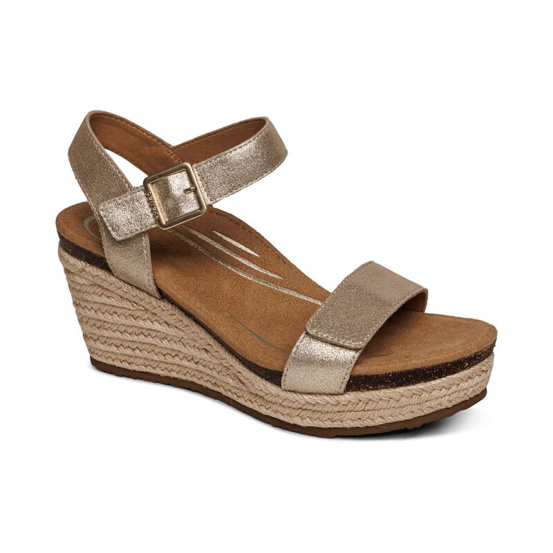 Women's Aetrex Sydney Quarter Strap Espadrille Wedge Color: Champagne 1