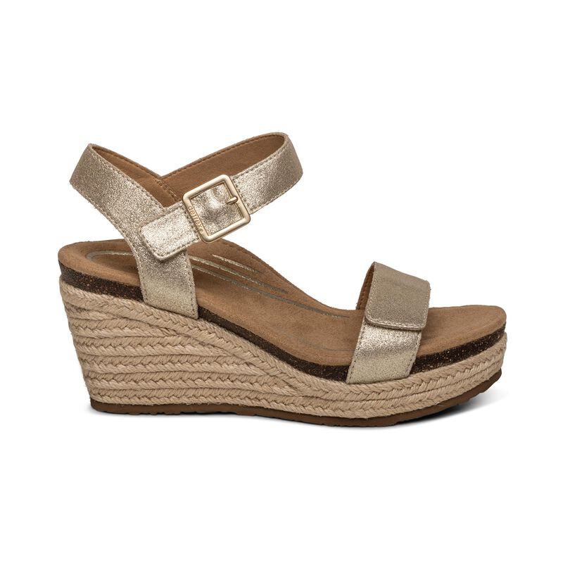 Women's Aetrex Sydney Quarter Strap Espadrille Wedge Color: Champagne 2