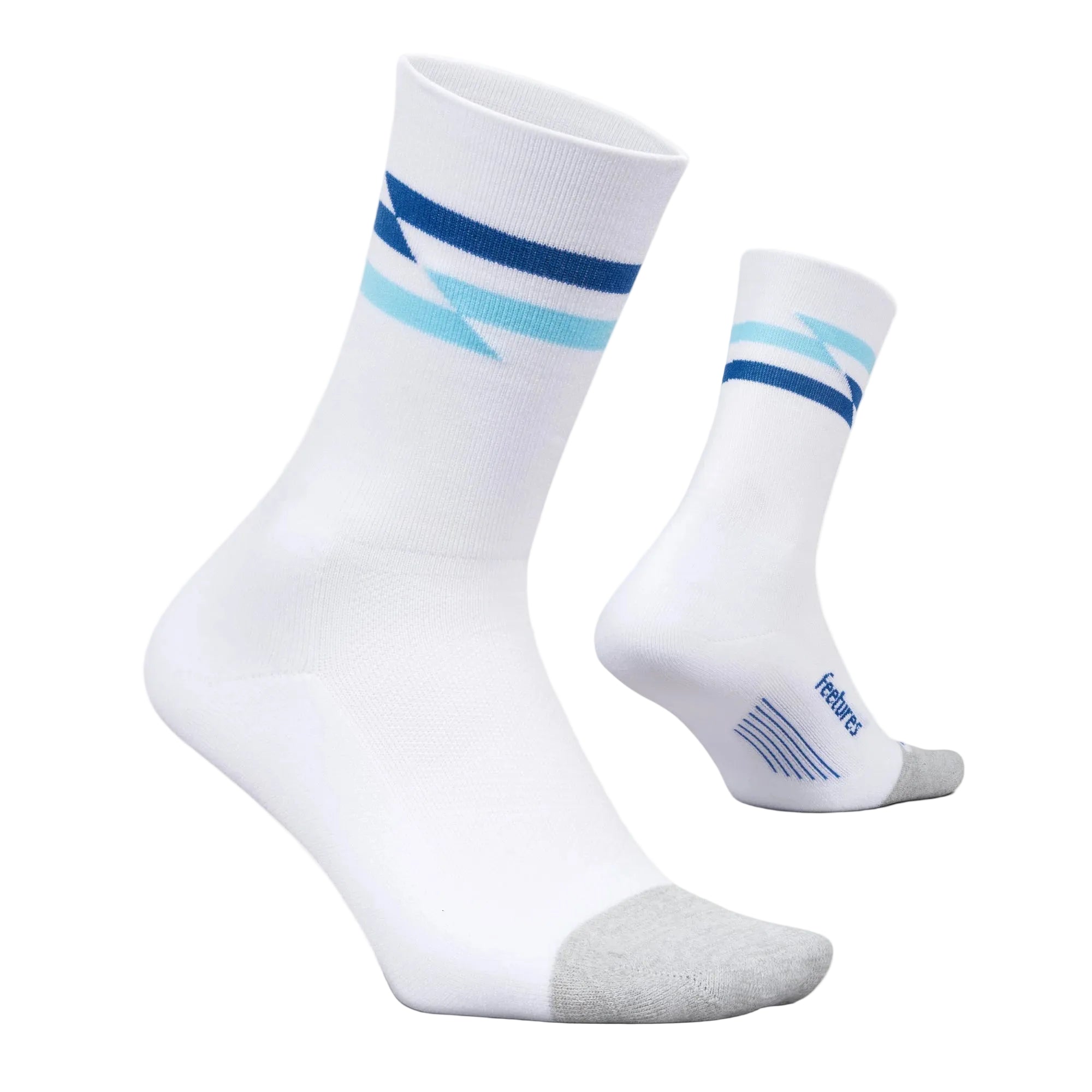 White socks with blue and gray accents on a light gray background