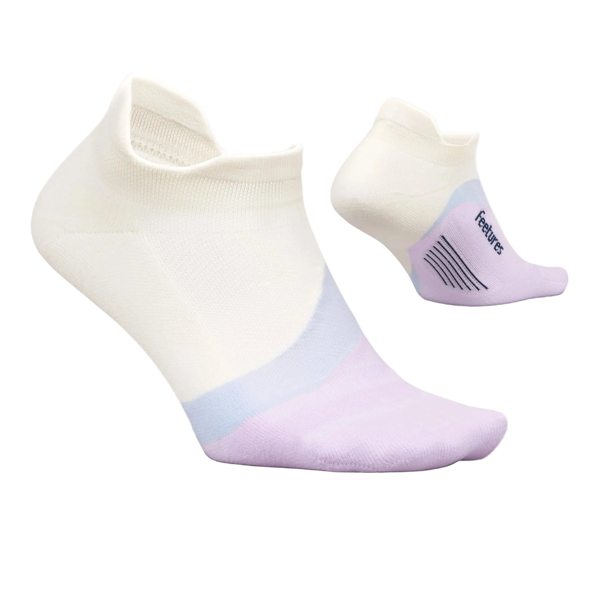 White and light purple ankle socks with 'Feetures' branding on a white background