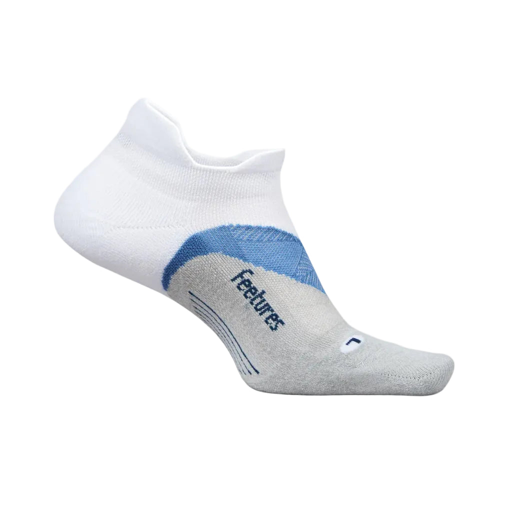 White and gray ankle sock with blue accent on a white background