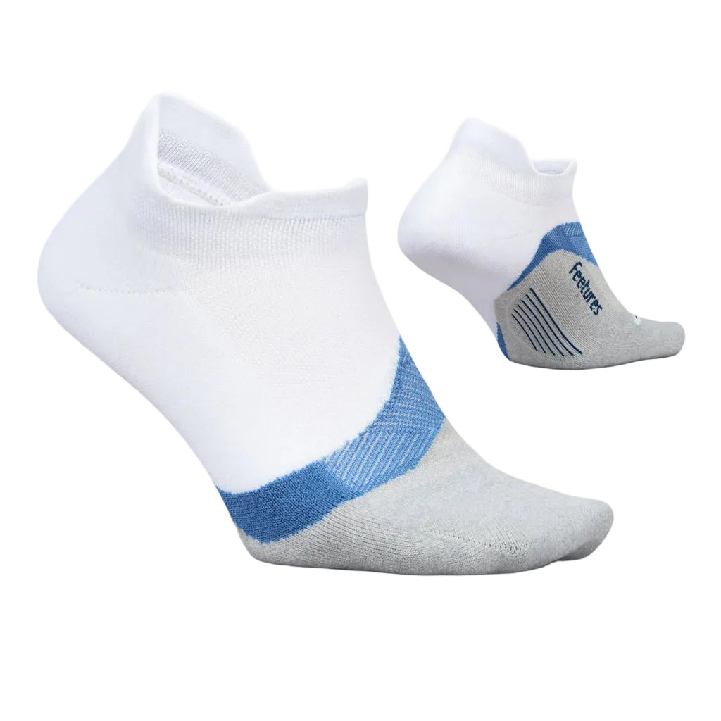 White and gray ankle sock with blue accents on a white background