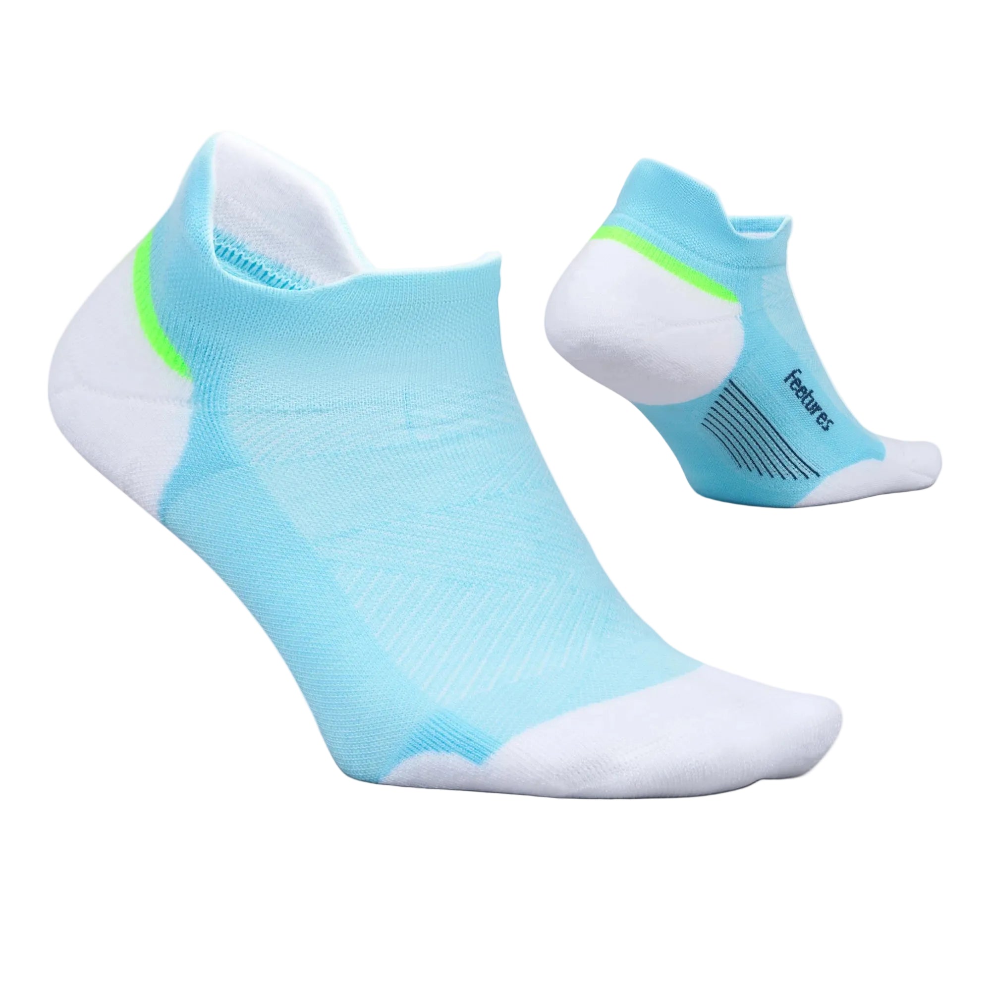 Light blue ankle socks with white toes and green accents on a light gray background