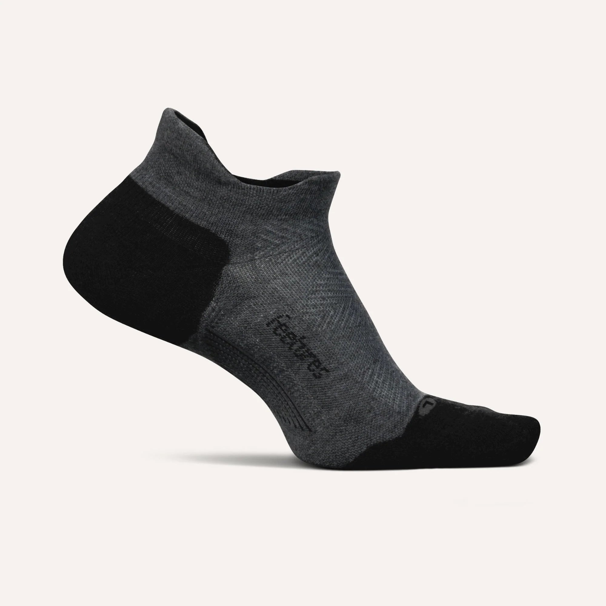 Gray ankle sock with black heel and toe on a white background