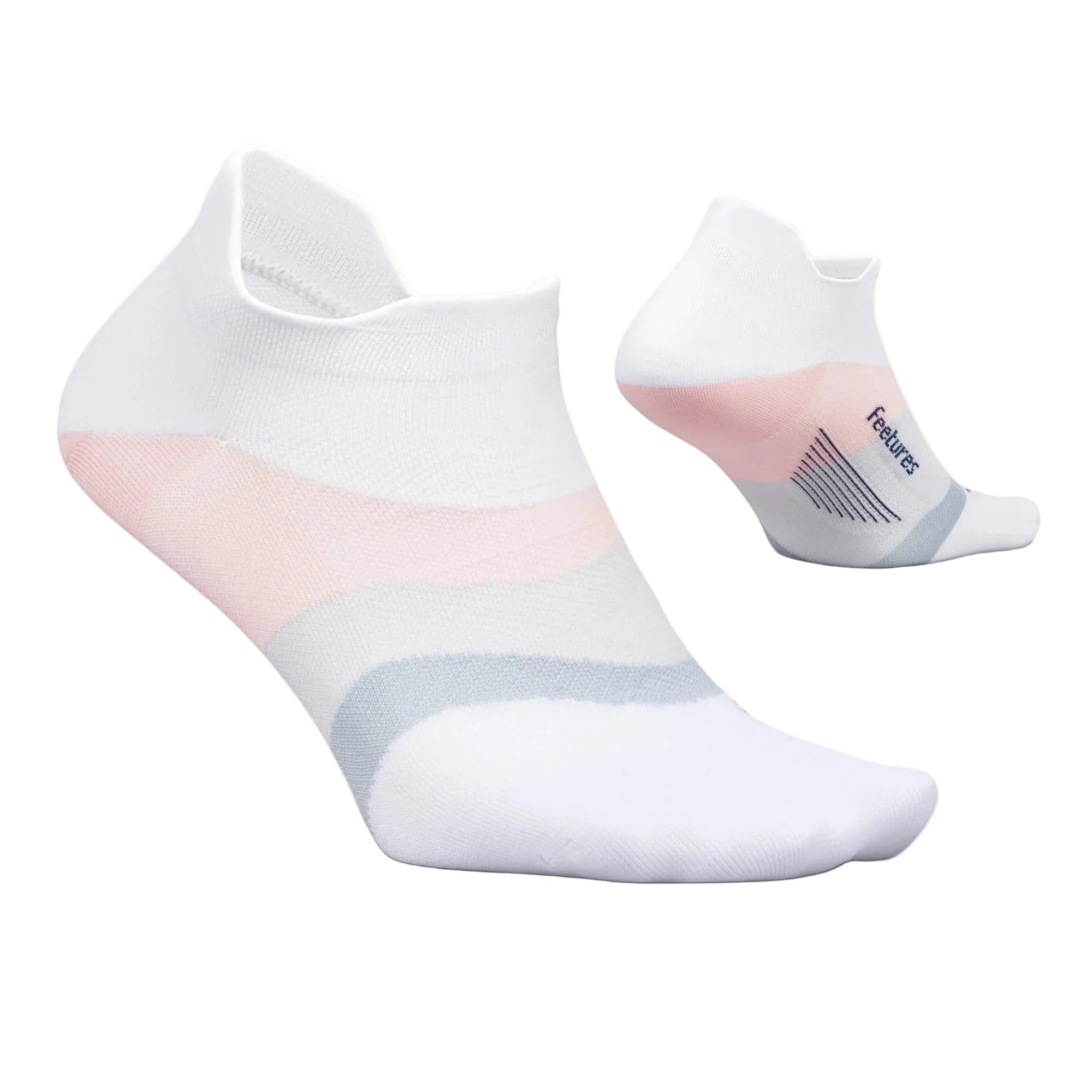White ankle socks with pink and gray gradient on a light gray background