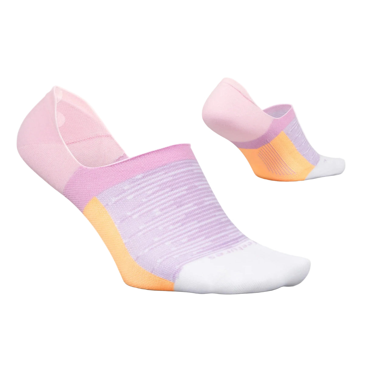 Pair of pink and purple socks with white soles on a light gray background