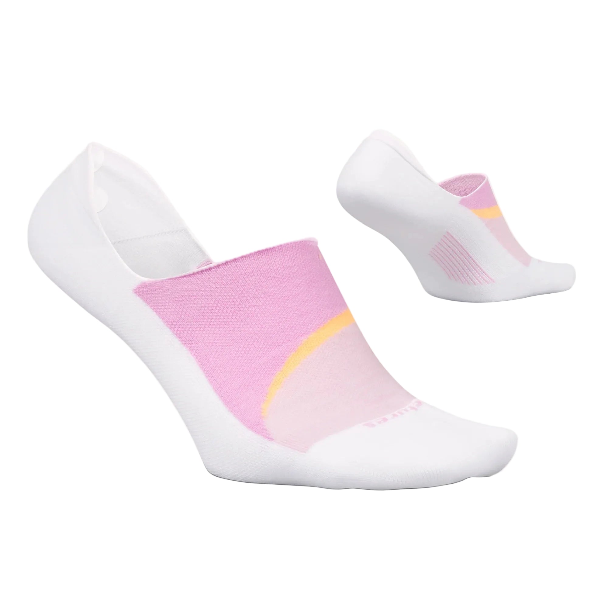 White socks with pink and yellow accents on a light gray background
