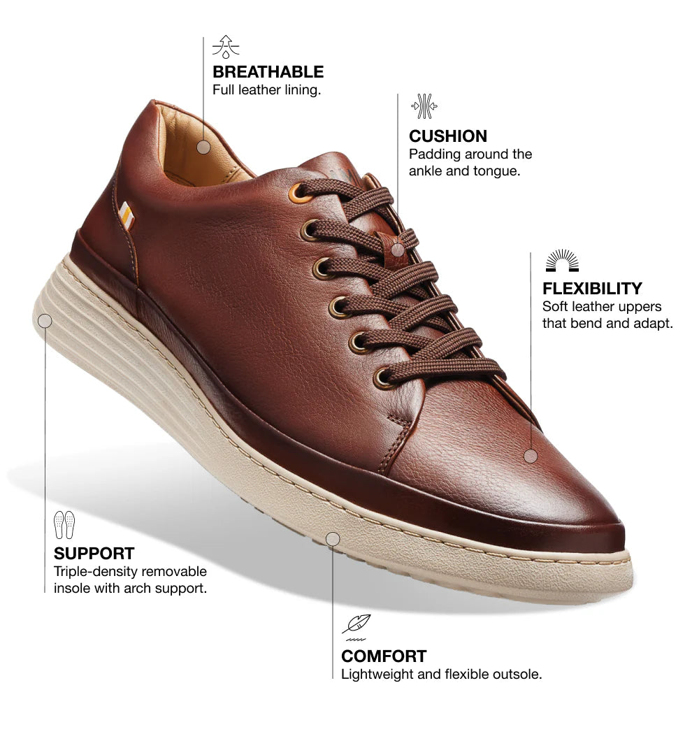 Brown leather shoe with features highlighted on a white background