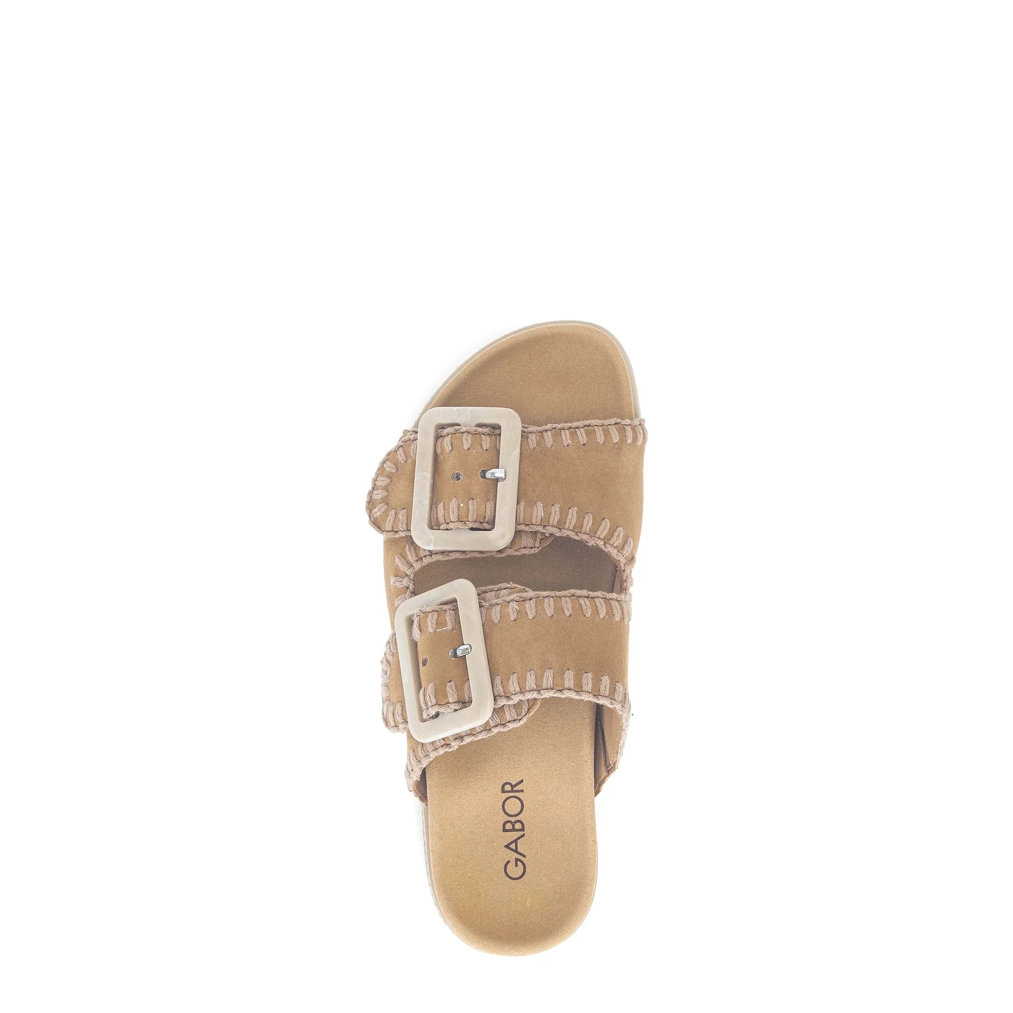 Tan sandal with buckles on a white background
