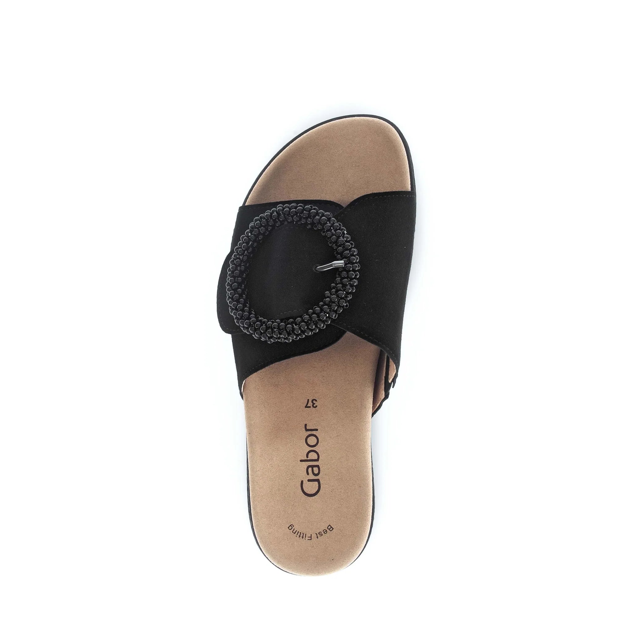 Black sandal with a circular design on a white background