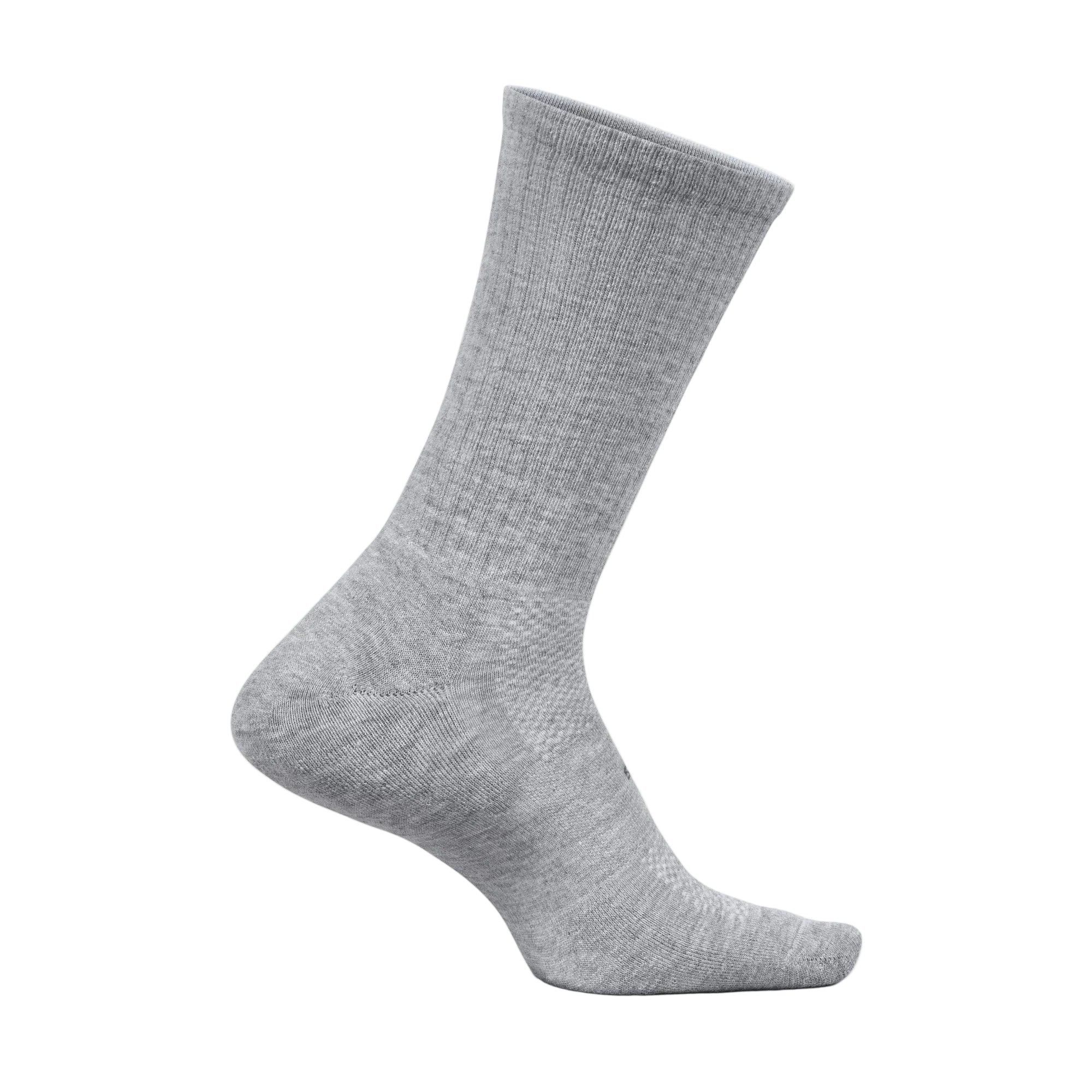 A single light gray heathered crew sock shown on a clean, off-white background.