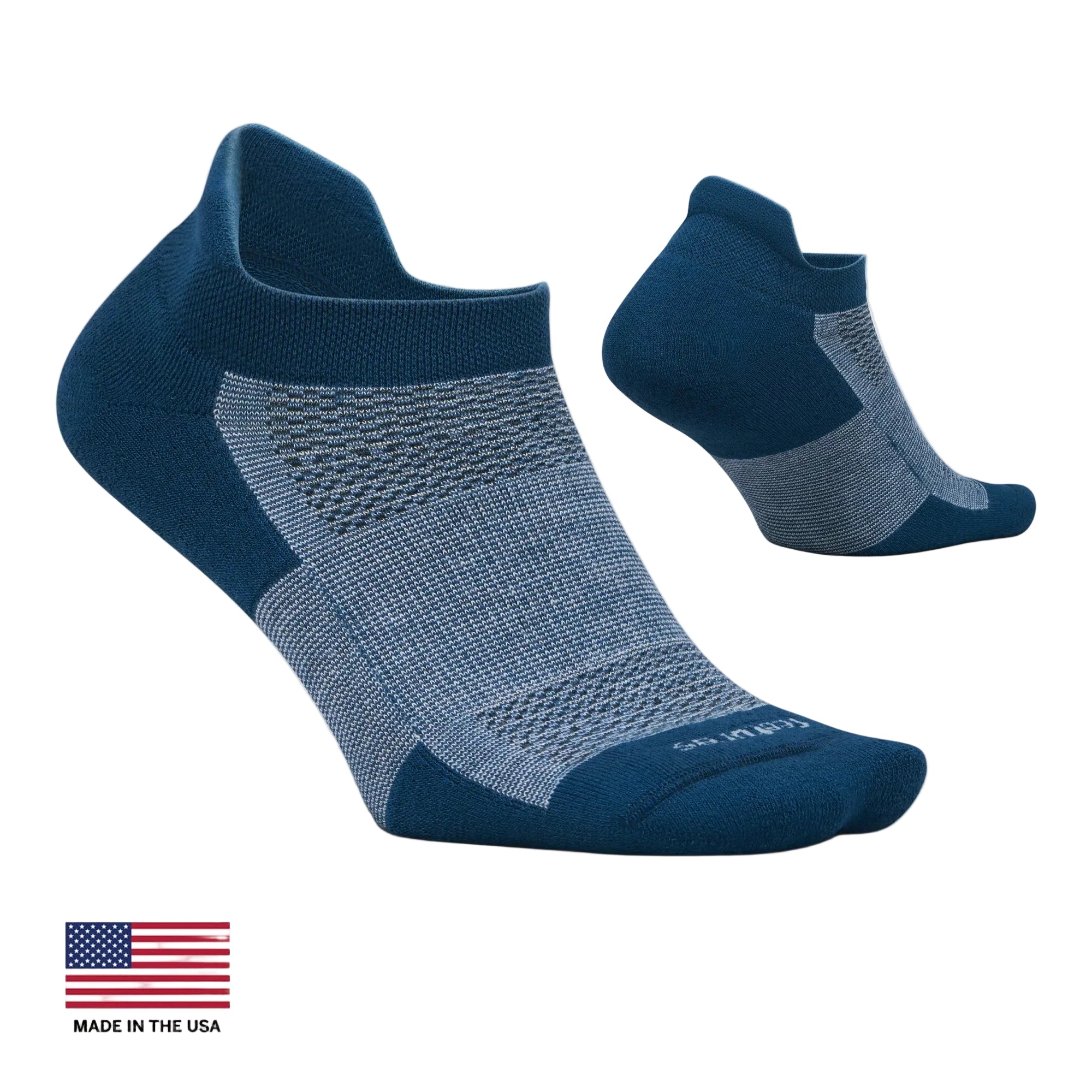 Pair of blue ankle socks with 'Made in the USA' label on a light gray background