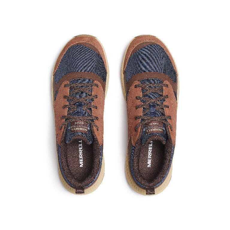 A pair of Merrell hiking shoes shown from a top-down view, featuring brown suede-like uppers, a blue textured knit upper, and a beige sole.
