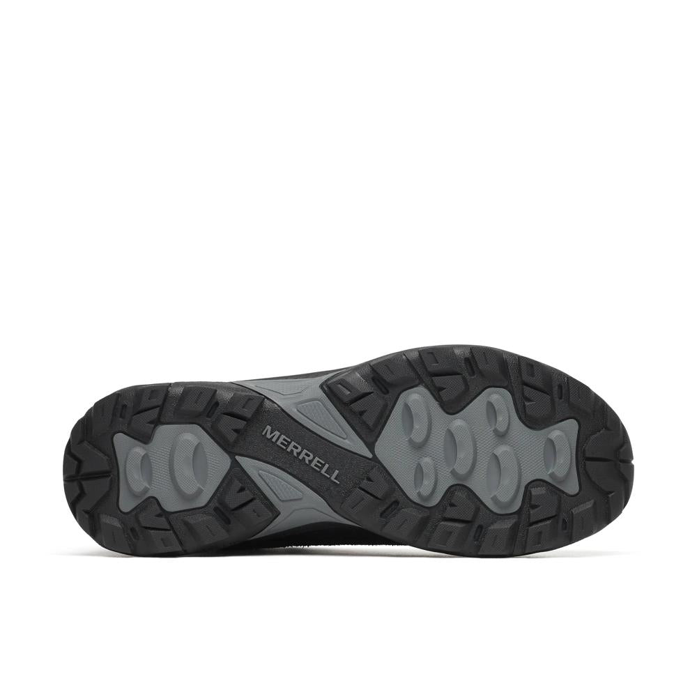 The outsole of a Merrell hiking shoe, showing a black and gray tread pattern on a white background.
