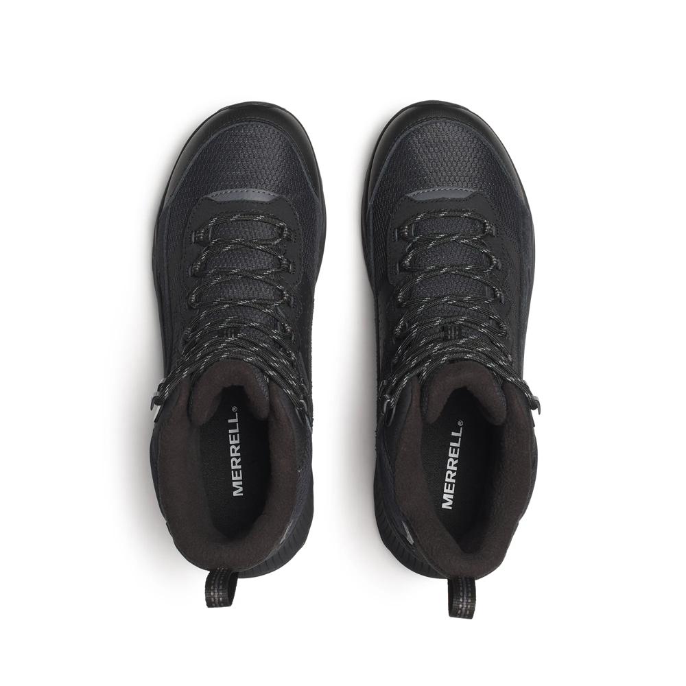 A pair of black Merrell mid-height hiking boots shown from a top-down view on a white background.