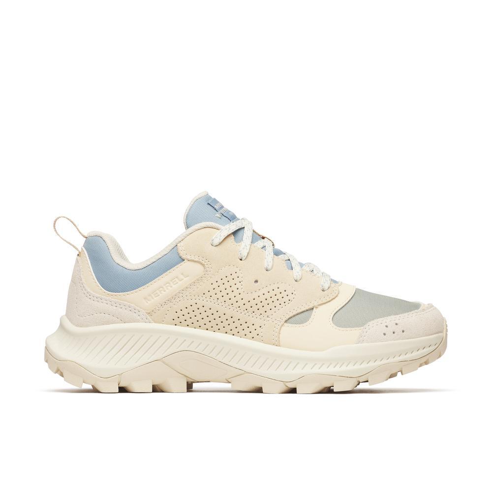 Beige sneaker with light blue accents on a white background